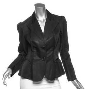 LANVIN Damen Schwarz Baumwolle Seide Zwei-Knopf Rüschen Jacke Blazer Mantel FR40 US8 M - Bild 1 von 4