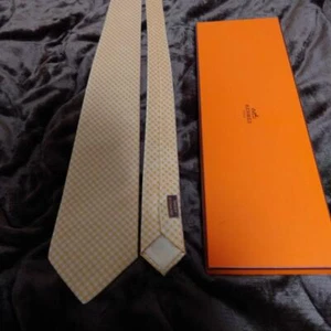 Hermes Men's Silk Twill Tie with H Pattern and Box Yellow White Top mint #5 - Picture 1 of 5