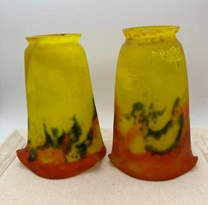 Muller Freres ~ PAIR LUNEVILLE LAMP SHADES ~ Yellow Antique French Art Glass - Picture 1 of 11