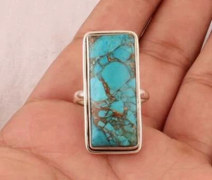 925 Sterling Silver Blue Copper Turquoise Rectangle Shape Ring Fine jewelry - Picture 1 of 8