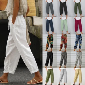 Plus Size Womens Cotton Linen Harem Pants Ladies Summer Casual Cropped Trousers - Picture 1 of 115