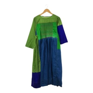 injiri V-NECK SIDEGATHER DRESS Green/Blue Used From Japan - Picture 1 of 5