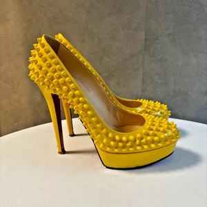 Christian Louboutin Studded Yellow Pumps EU38.5 US8 JP25cm Heels 12.5cm From JPN - Picture 1 of 11