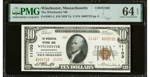 1929 Winchester, MA $10 T2 The Winchester National Bank Ch. # 11103 PMG  64 EPQ - Picture 1 of 2