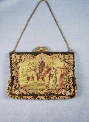 Bolsa de noite bordada petit point antiga bolsa semente pérolas fecho marcassita - Imagem 1 de 4