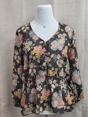 Blusa transparente romántica con botones florales cuello en V Chaps para mujer mediana negra manga larga Foto 1 de 4