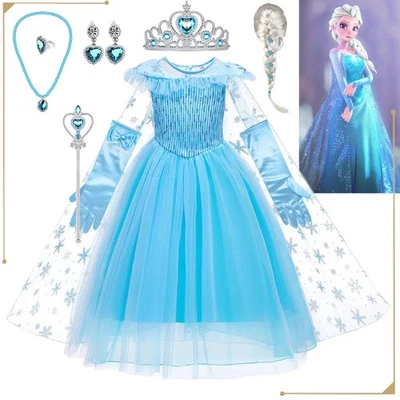 Girls Frozen Elsa Princess Costume Kids Cosplay Fancy Dress Party Christmas Gift - Image 1 of 4