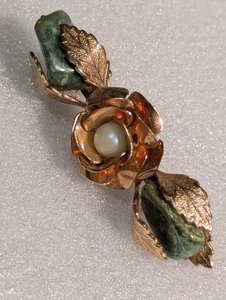 Vintage 3" Goldfüllung echter grüner Edelstein & Perle Rosenblatt Blätter Brosche Anstecknadel - Bild 1 von 7