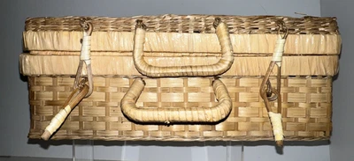Vintage Woven Wicker Suitcase Picnic Basket Cottagecore Case - Image 1 of 4
