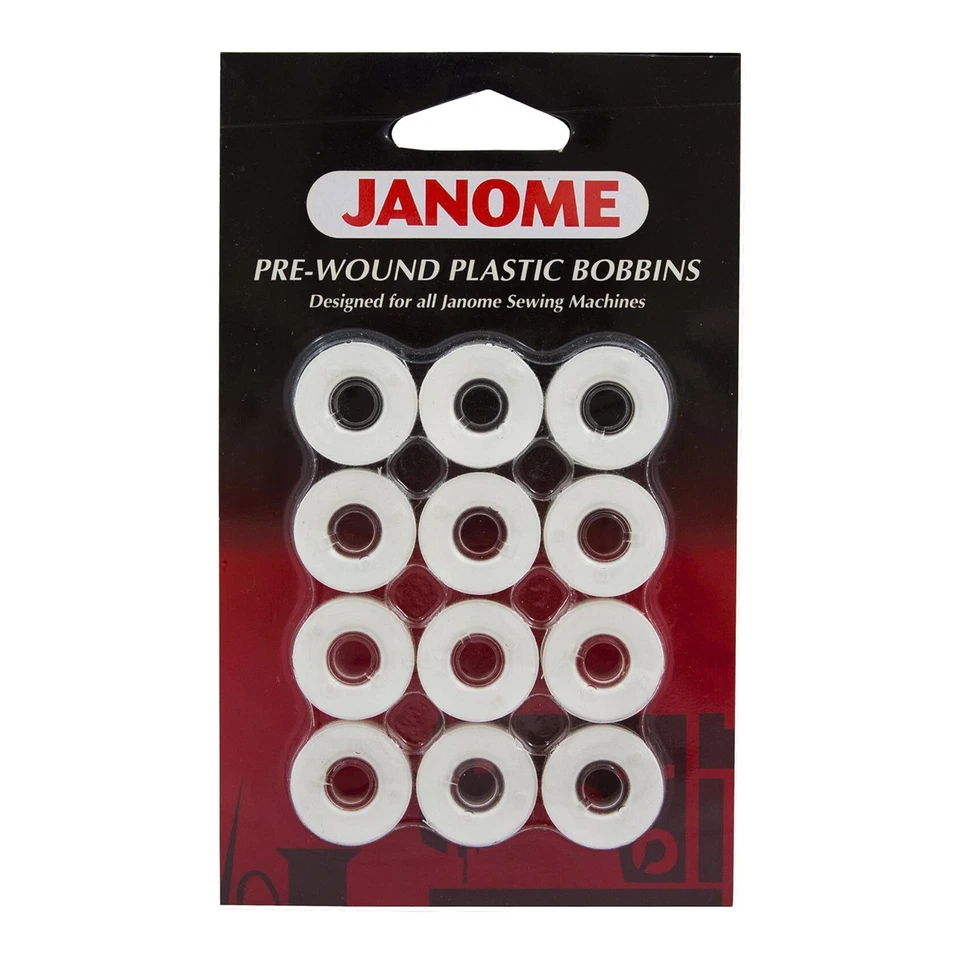 Pacote com 12 bobinas de plástico pré-feridas Janome fio branco 80 jardas poliéster - Imagem 1 de 1