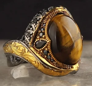 925 Sterling Silver Men's Ring Turkish Handmade Natural Stone Tiger's Eye Stone - Picture 1 of 3
