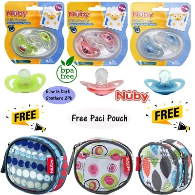 NÛBY Nuby 2x Glow in Dark Baby Night-Time Dummy Soother+Free Pocket Holder Paci Pouch
