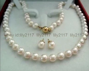 AAA+ 14K Gold Clasp 9-10MM White Akoya Cultured Pearl Necklace Earrings Set 18''