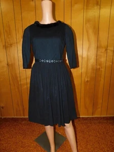 Vintage Black 1950's Dress W/ Fur Collar Waist 28" - Picture 1 of 11
