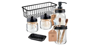 Badezimmer Glas Mason Accessoires Set Lotion Seifenspender Landhaus Deko 6 Stück - Bild 1 von 8