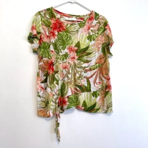 J. JILL Love Linen Tropical Floral Tie Front Tee Green Short Sleeve Top Medium M - Picture 1 of 13