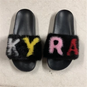 Black Real Mink Fur Slides Initial Letters Women Summer Sandals Slippers Shoes - Picture 1 of 1