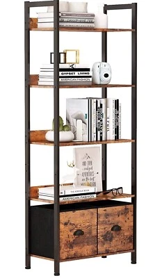 5 Tier Bookshelf, Tall Bookcase with Two Storage Drawers, Rustic Hardwood  - Image 1 of 4