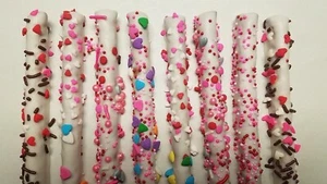 Valentines Day Chocolate Pretzel Rod 16 Pieces White Chocolate Dipped - Picture 1 of 5