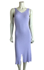 NEU Halara lila geripptes Midikleid Gr. S ärmellos V-Ausschnitt Alltag geteilter Saum - Bild 1 von 10