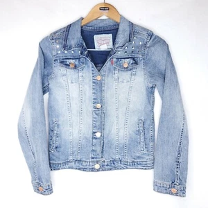 Vintage Levi's Girls Denim Trucker Jacket Size Youth XL Studded Biker Style - Picture 1 of 11