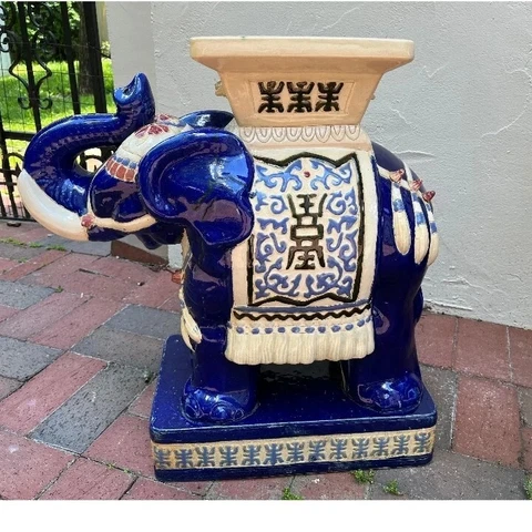 Vintage Decorated Cobalt Blue Elephant Garden Stool From Asia Cover