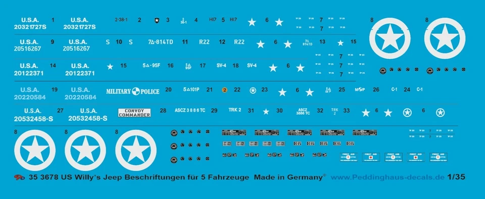Decalcomanie Peddinghaus 1/35 3678 Jeep Willy's Militare US Per 5 Veicoli - Immagine 1 di 1