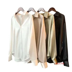 Womens Long Sleeve Satin Silk Shirt Office Ladies Button-down Blouse Work Tops - Picture 1 of 26
