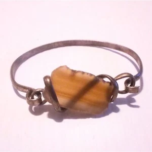 Artisan Crafted Silver Tone Agate Slab Squeeze Bangle Bracelet - Picture 1 of 6