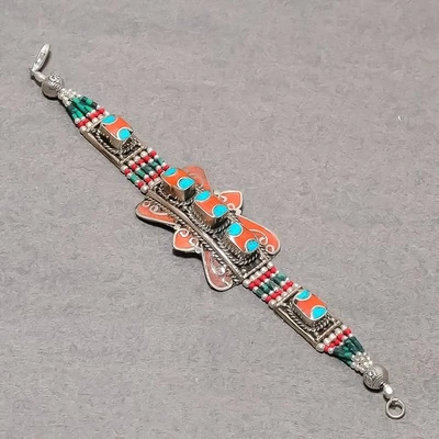 Pulsera Nepalí Joyería Bohemia Hecha a Mano Turquesa Tibetana Coral Rojo 7" SR 3297 Foto 1 de 4