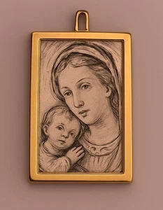 Vintage Madonna & Child Pendant Religious Jewelry Rectangular GoldTone Frame - Picture 1 of 8