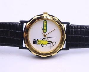 Vintage Mr Peanut Planters Armbanduhr goldfarbenes Lederarmband Japan mvt - Bild 1 von 8