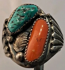 Native American Navajo Sterling Silver Turquoise Coral OLD PAWN MEN'S Ring 11.75 - Picture 1 of 9