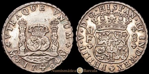 Felipe V 8 Reales (26,81 gramosg) 1746 MEXICO Ensayador MF CAL-1470 EBC- - Picture 1 of 3