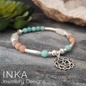 925 Sterling Silver & Amazonite bead Stacking Bracelet with OM Charm by INKA - Picture 1 of 11