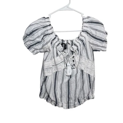 Blusa para mujer Derek Heart mediana a rayas fuera del hombro corta boho top Foto 1 de 4