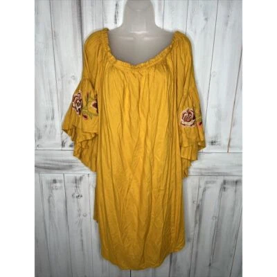 VESTIDO SWING MUJER PLUMAS BOHO AMARILLO DORADO HOMBRO DESCUBIERTO FLORAL BORDADO 3X Foto 1 de 4