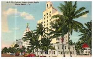 Miami Beach FL Palatial Ocean Front Hotel Palm Trees 1941 Vintage Linen Postcard - Picture 1 of 3