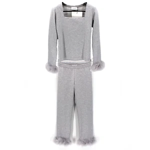 Sleeper Weekend Chic Pajama Set NEW Grey 2 Pc Feather Trim Matching Set Size L - Picture 1 of 11