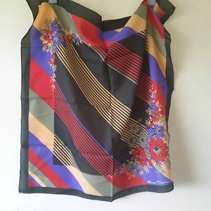Vintage 80s 90s Italian Poly Scarf Green Red Blue Black Stripes Flowers - Picture 1 of 8
