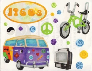 Creative Memories BLOCK STICKER - 1960S, COMBI VAN, TELEVISION, BICYCLE, PEACE - Picture 1 of 1