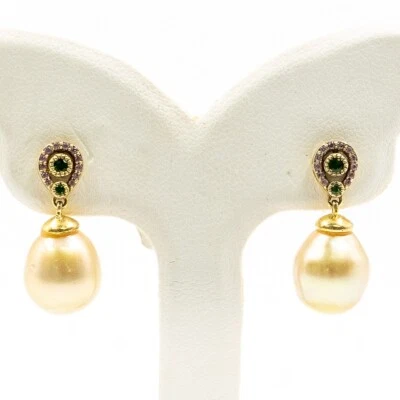 0.21 克拉天然珍珠 Tsavorite 和蓝宝石耳环 925 镀金片 — 第 1/4 张图片