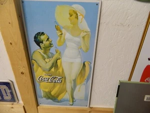 CLASSIC RETRO COKE - MAN & WOMAN AT THE BEACH "DRINK COCA-COLA" METAL SIGN, - Picture 1 of 4