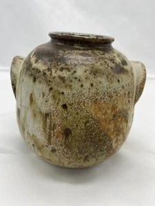 Red Pottery Drip Glaze Double Handle Brown White Over Red clay 5 1/4” Signed - Picture 1 of 9