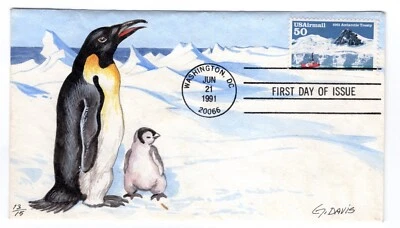 C130 Antarctic Treaty 50c Airmail FDC - Hand-painted G. Davis #13/15 Penguins - Image 1 of 2