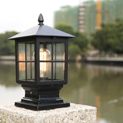 Glass Outdoor Gate Post Lamp Modern Pillar Light Garden Black Lantern Lighting - Image 1 of 4
