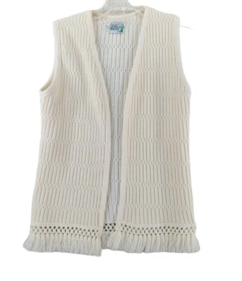 Vtg Toluca Cable Knit Coastal Boho Open Cardigan Vest Wmn M White Minimalist 90s - Image 1 of 4