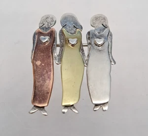 Broche prendedor corazones tres hermanas de cobre real, latón, plata de ley - Imagen 1 de 10