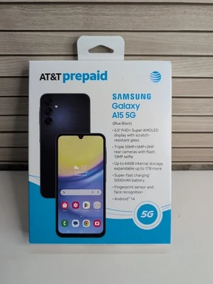 New/Sealed - AT&T Samsung Galaxy A15 5G, 64GB, Blue Black - Prepaid Smartphone - Image 1 of 4