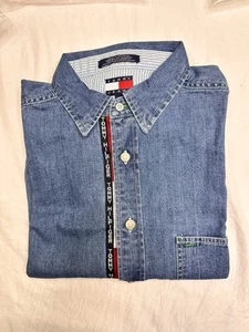 Tommy Hilfiger Shirt Mens Large Blue Denim Long Sleeve Button Down Logo Vintage - Picture 1 of 1